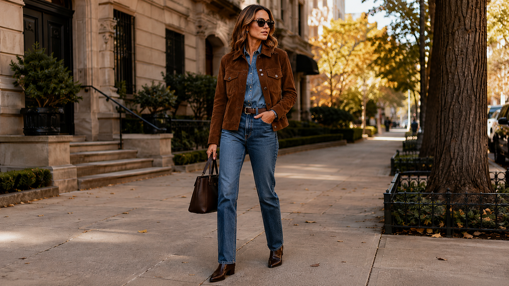 Western Minimalist Suede Jacket with Denim-on-Denim Base Fall Outfit